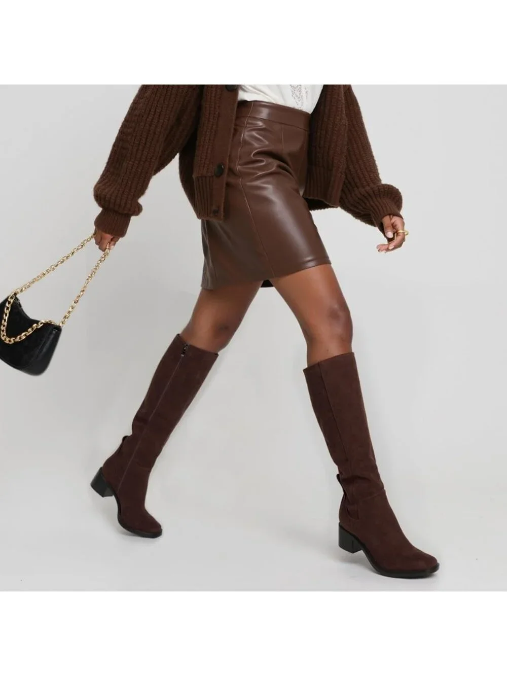 Women's Chocolate Faux Suede Square Toe Knee High Stretch With Side Zipper Boots